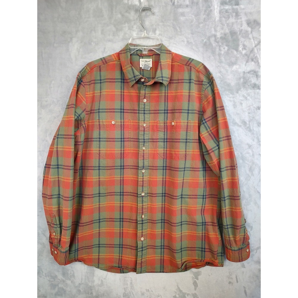 LL Bean Mens XL Tall Slightly Fitted Plaid Cotton Button Down Shirt Orange Green